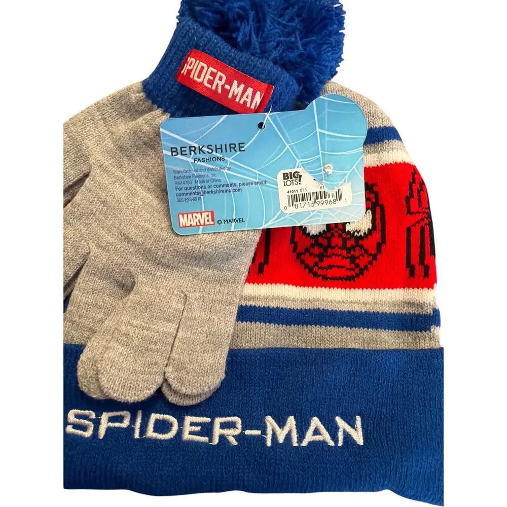 Marvel Spider-Man Children's Blue Gray Red Glove & Hat Set Winter New